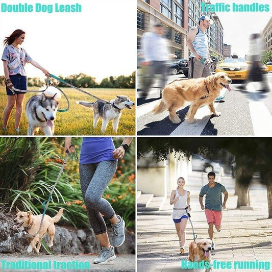 Handsfree bungee dog leash with adjustable waist belt and reflective stitching for running and walking dogs