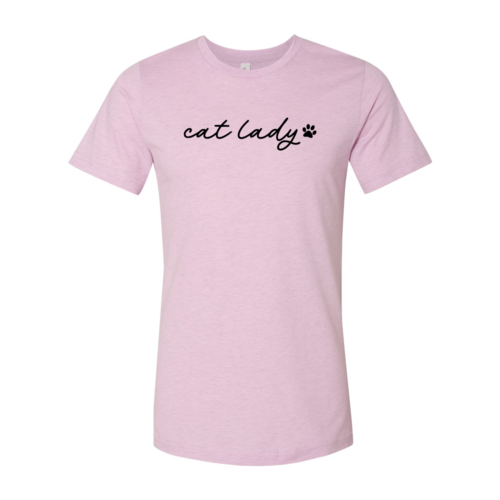 Pink Cat Lady T-Shirt with black script and paw print, premium cotton, Bella Canvas brand