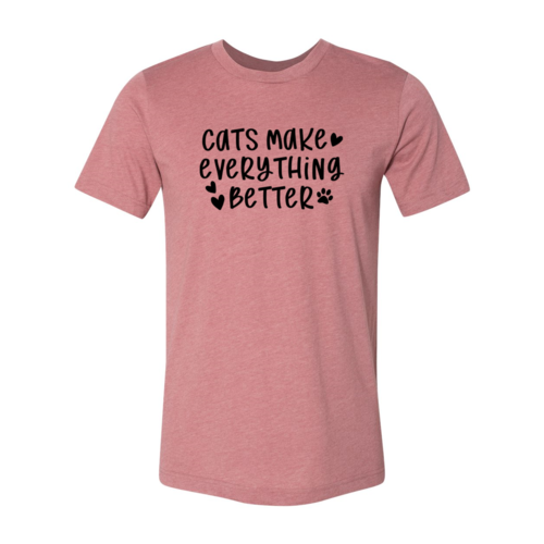 Cats Make Everything Better T-Shirt in black with colorful cat illustrations, soft cotton Bella Canvas tee.