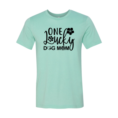 One Lucky Dog Mom T-Shirt in black with dog paw and heart design, Bella Canvas premium cotton tee