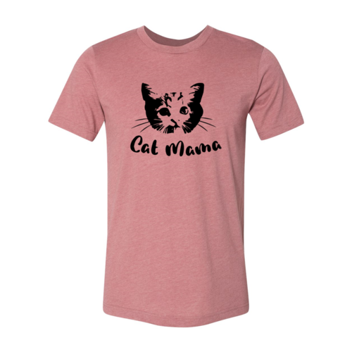 Cat Mama T-Shirt in soft pink with black cat face graphic and text, made from premium ring spun cotton by Bella Canvas