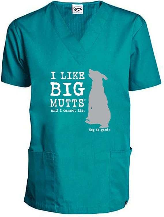 Teal scrub top with "I Like Big Mutts" phrase, comfortable fit, and front pockets for dog lovers