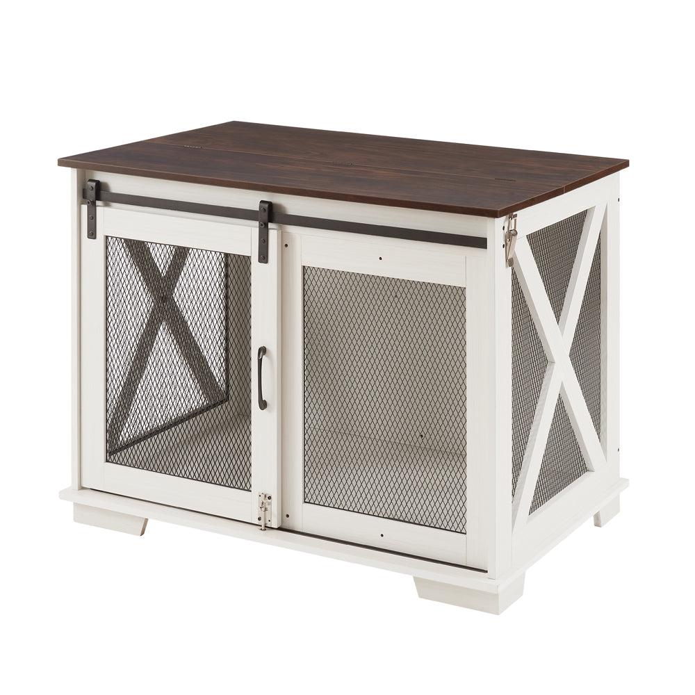 Farm kennel wooden dog crate furniture with sliding barn door and removable partition in white