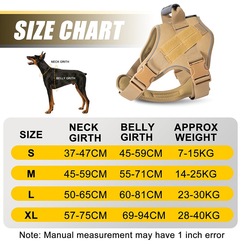 Military-style tactical dog vest for large breeds like German Shepherd and Golden Retriever, fabric material.