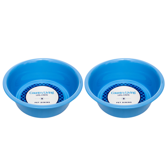 Country Living Set of 2 Coated Stainless Steel Heavy Dog Bowls in blue with non-slip silicone feet for medium to large breeds