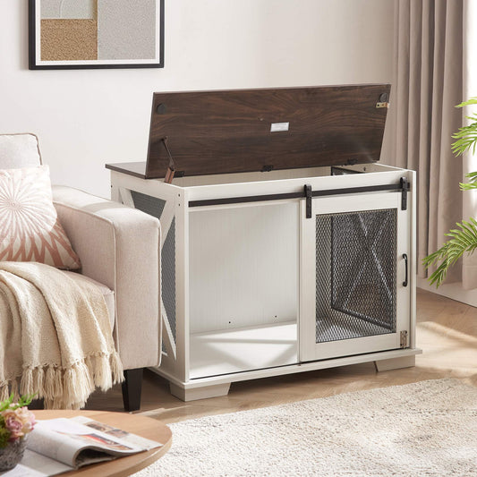 Farm kennel wooden dog crate furniture with sliding barn door and removable partition in white MDF and metal materials