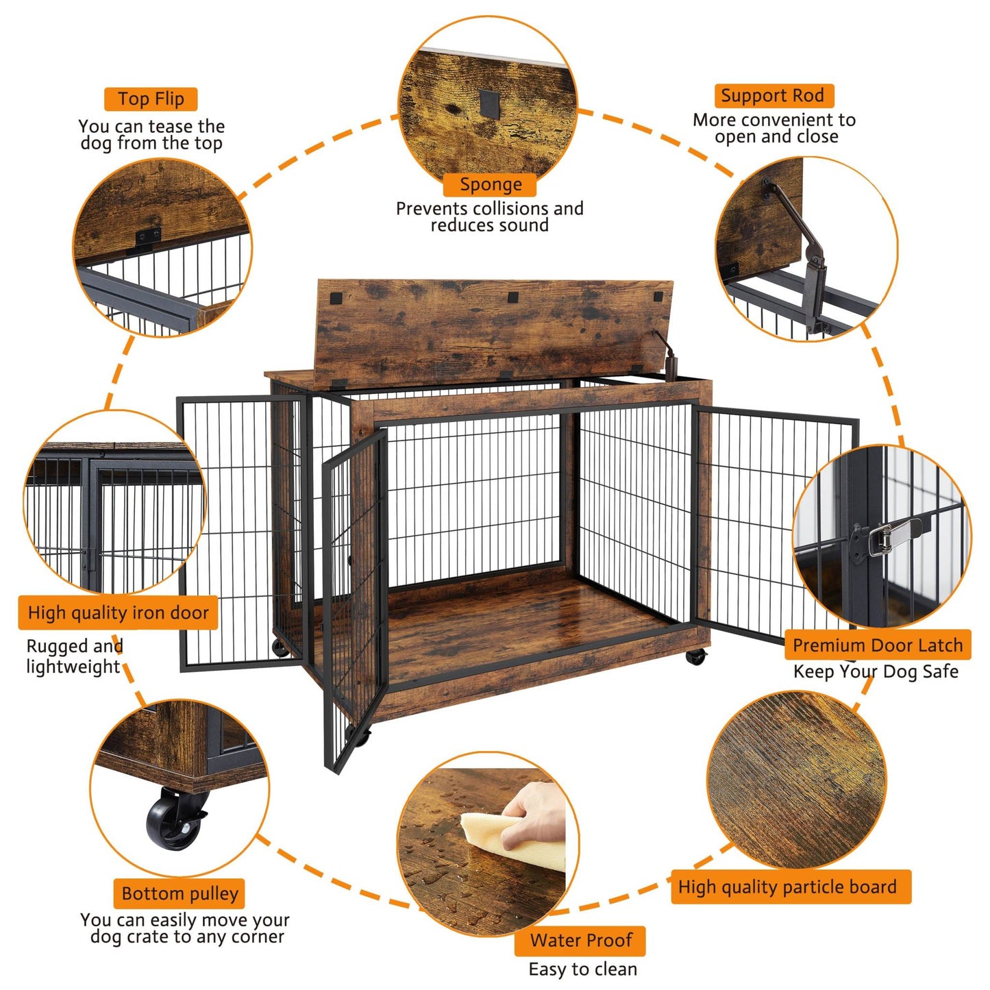Rustic brown furniture style dog crate side table on wheels with double doors and lift top