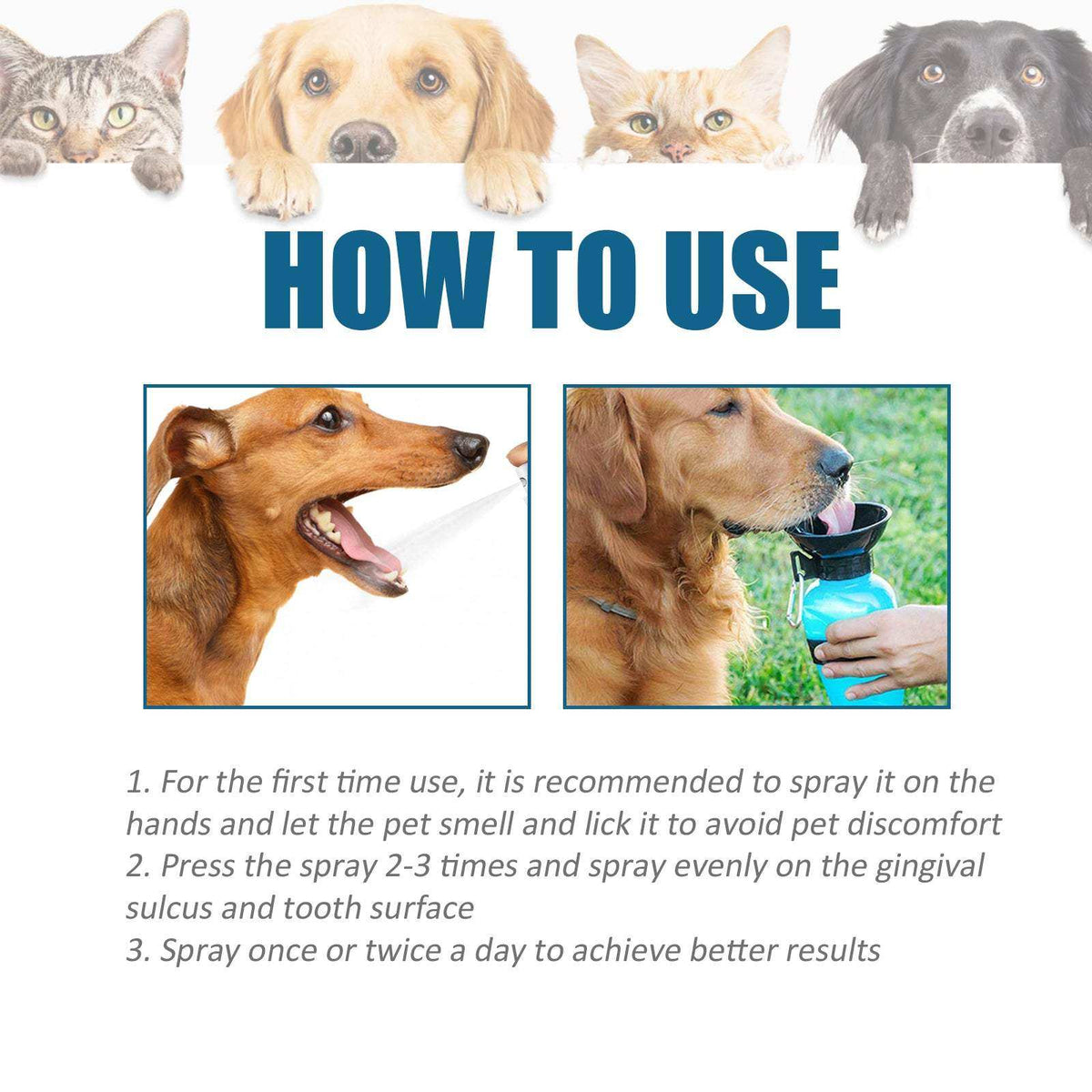 Pet oral cleaning spray for cats and dogs removing tartar and freshening breath.