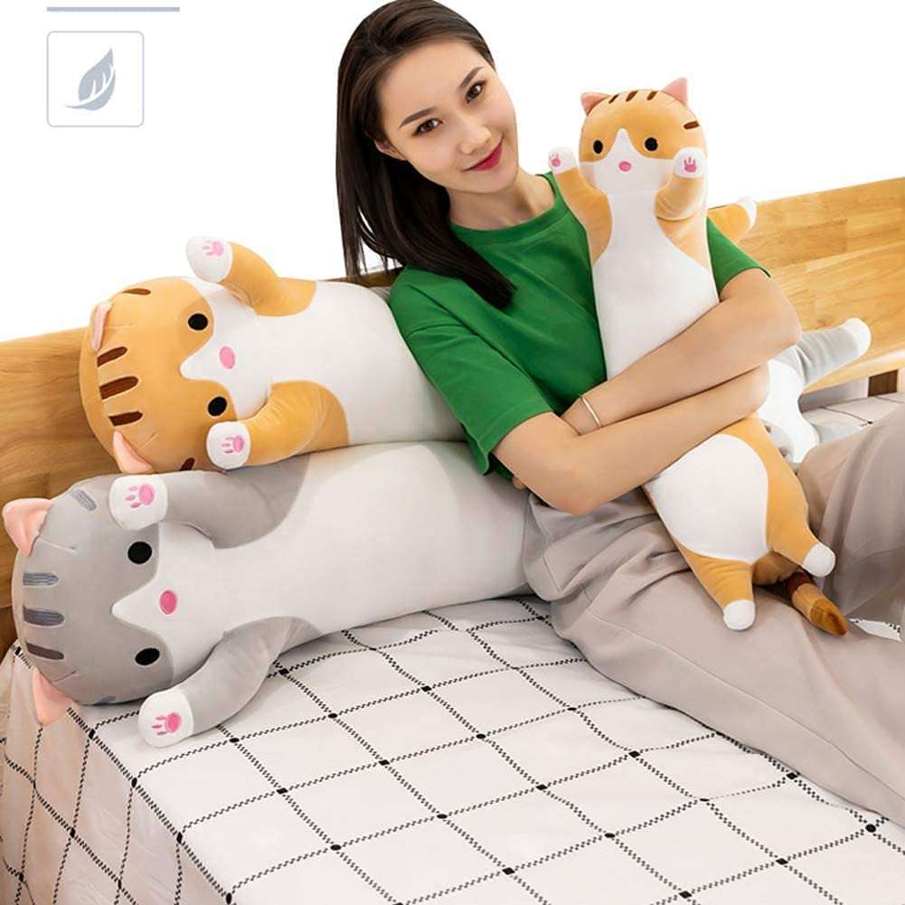 Plush long cat body pillow with soft fabric and cute cartoon design for cuddling and comfort