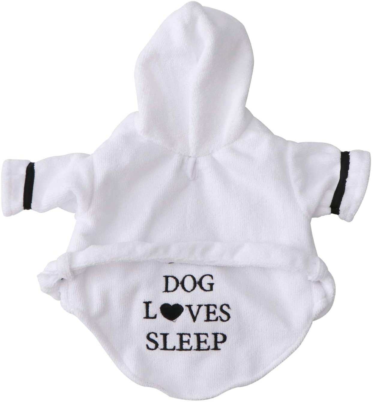 White pet bath robe with hood and "DOG LOVES SLEEP" text, soft cotton for small to medium dogs