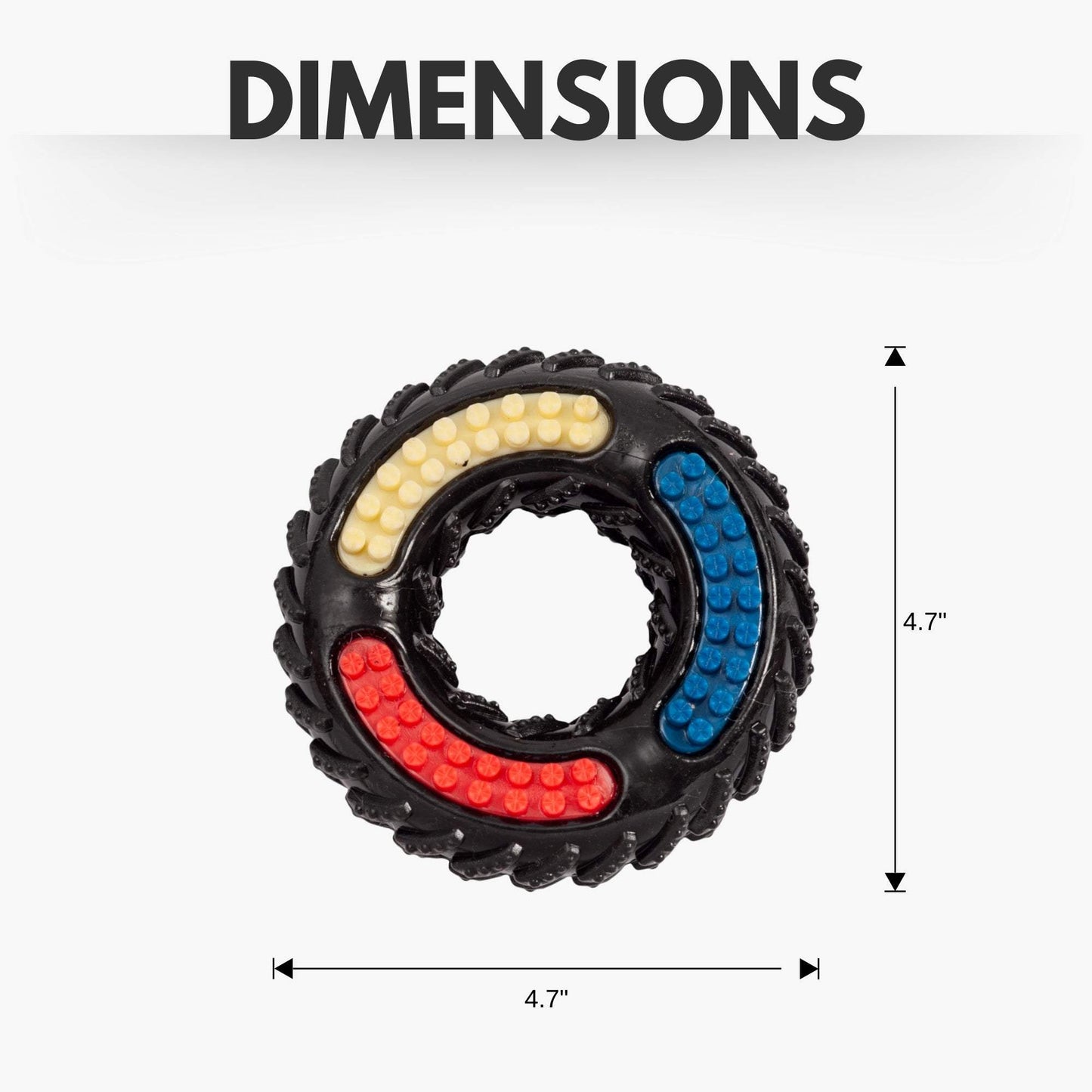 Country Living Tire of Fun durable TPR textured dog chew toy with red, blue, and yellow color blocks, 4.7 inches diameter