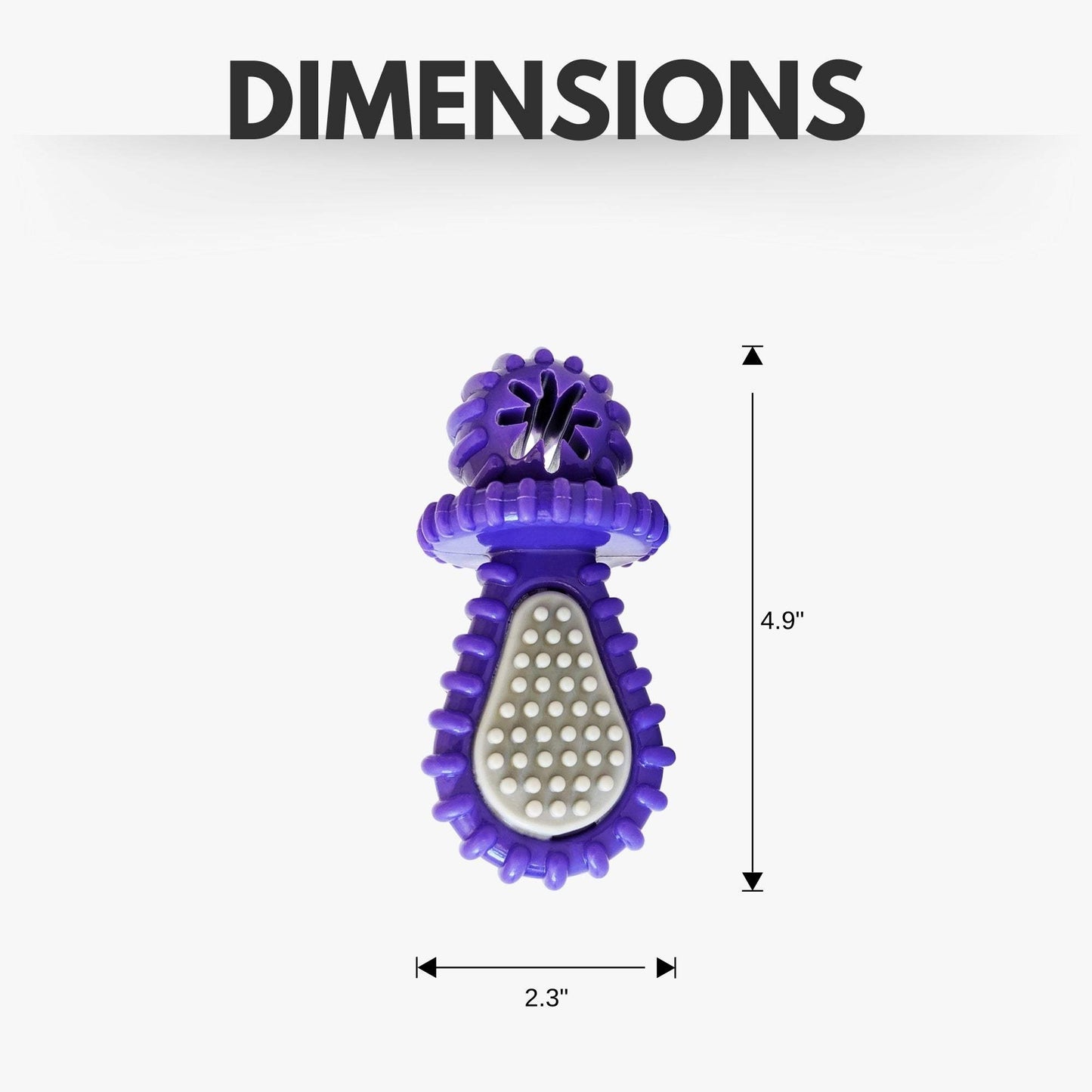 Purple rubber dental pacifier dog toy with ridges, treat hole, and durable design for chewing and oral health