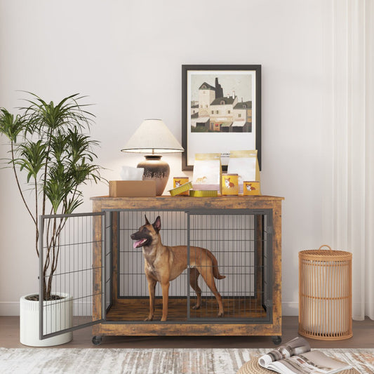Rustic brown furniture style dog crate side table with double doors, lift top, and wheels
