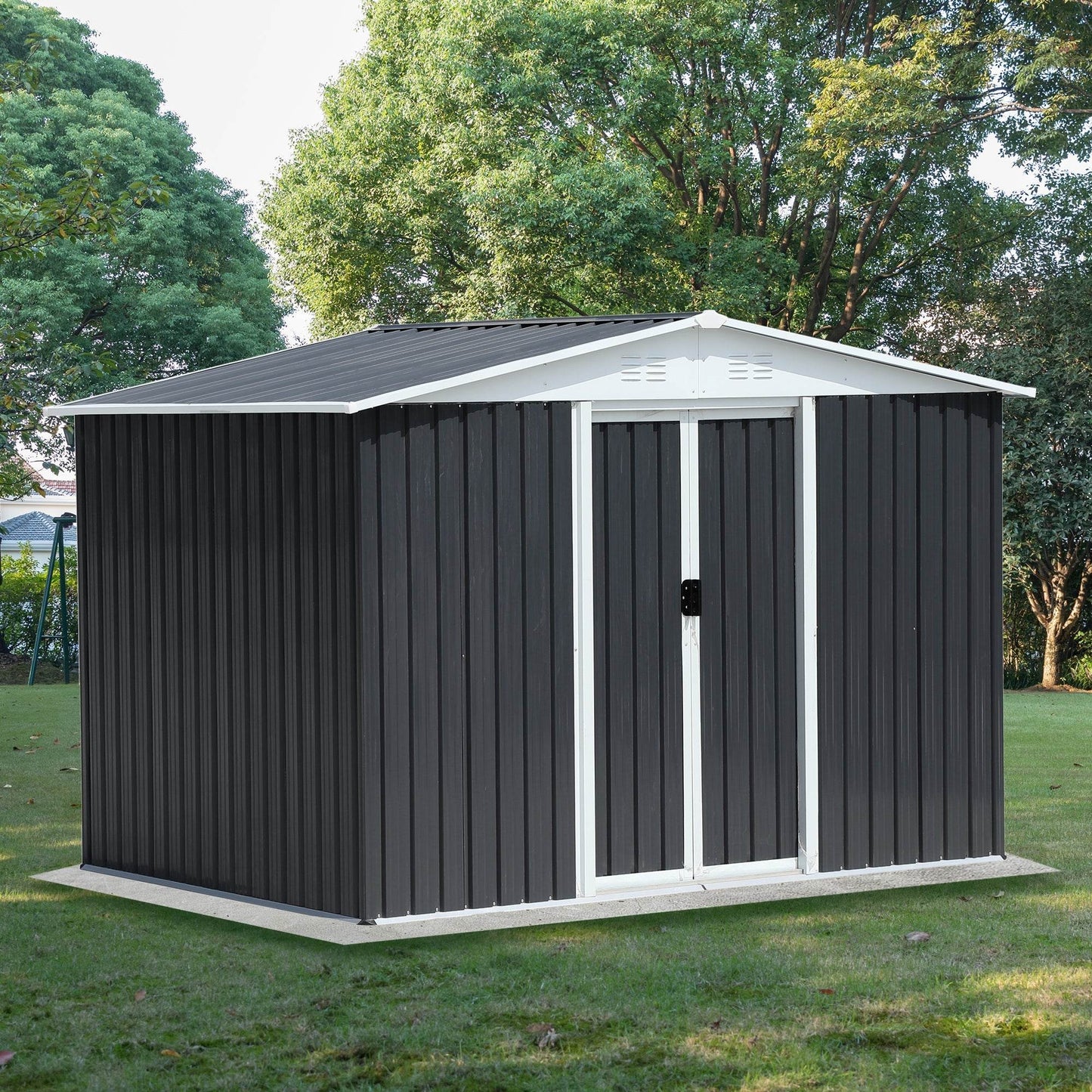 Large wooden dog house with porch and two doors, outdoor and indoor cabin style dog crate