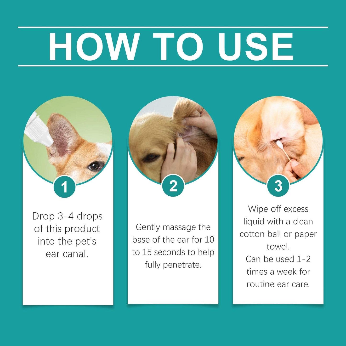 Pet ear wash bottle with dropper for cleaning and soothing cats and dogs ears