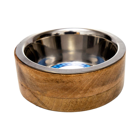 Country Living Stainless Steel Dog Bowl with cylindrical mango wood holder for durable and stylish pet feeding