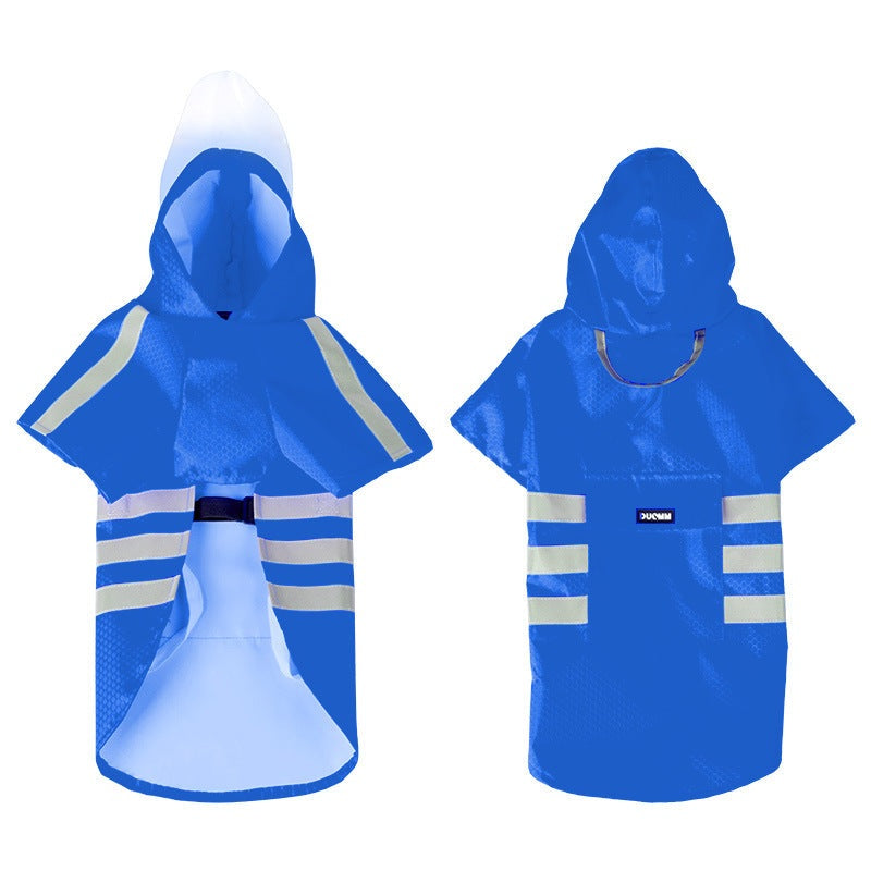 Large dog wearing poncho style reflective strip waterproof raincoat outdoors