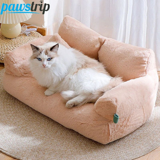 Luxury plush cat bed sofa with pillow for small and medium pets