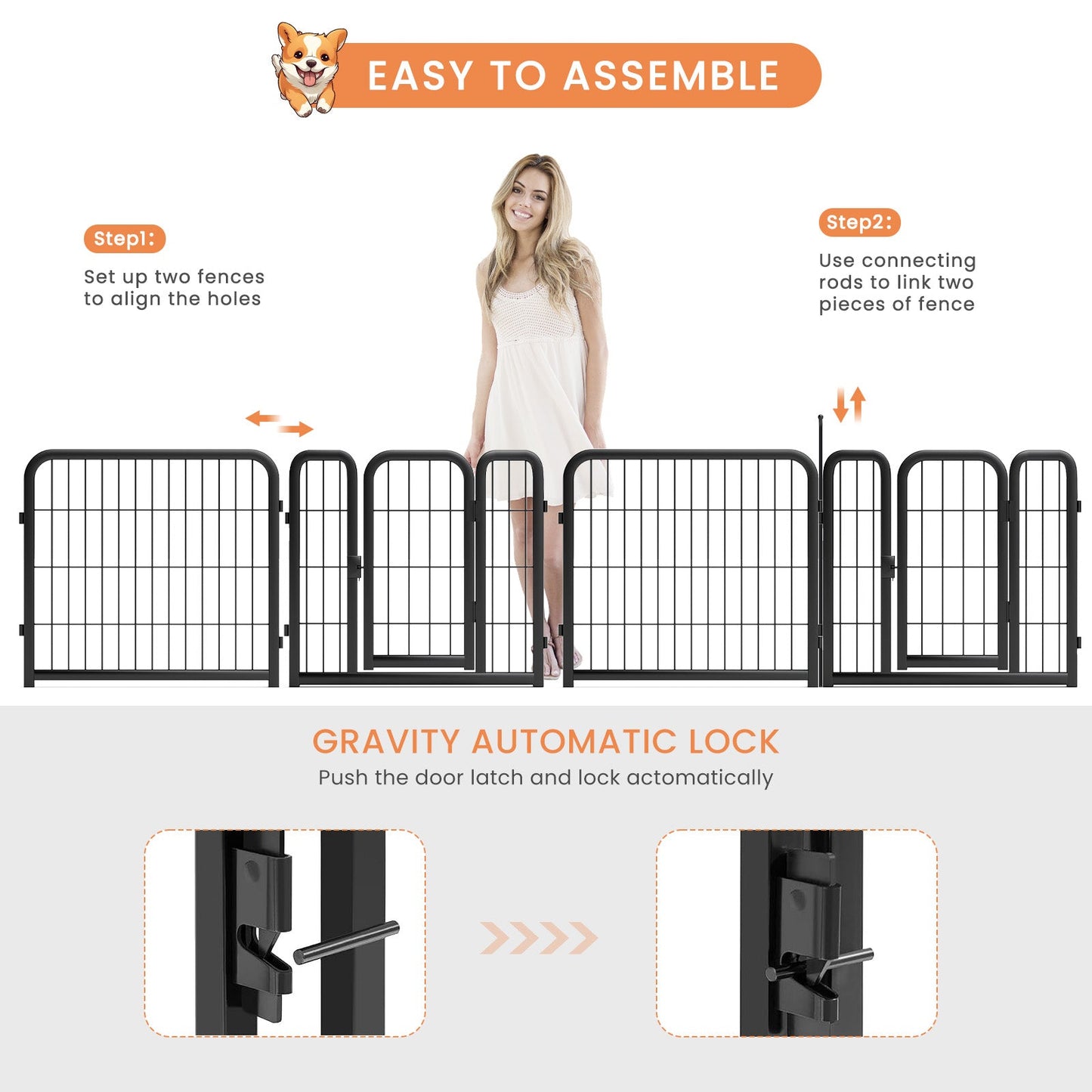 8-panel dog fence, 24 inch small dog pet fence, portable indoor pet game fence. Black, 22.2 inches wide x 23.6 inches high.