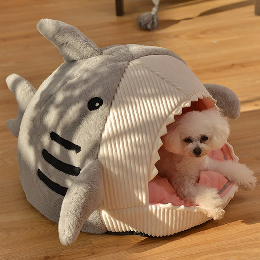 Big Mouth Shark Pet Nest in grey with small white dog inside on wooden floor