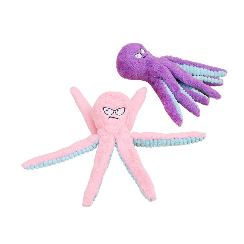 Octopus-shaped plush indestructible dog toys in pink and purple with squeaky sound and bite-resistant material