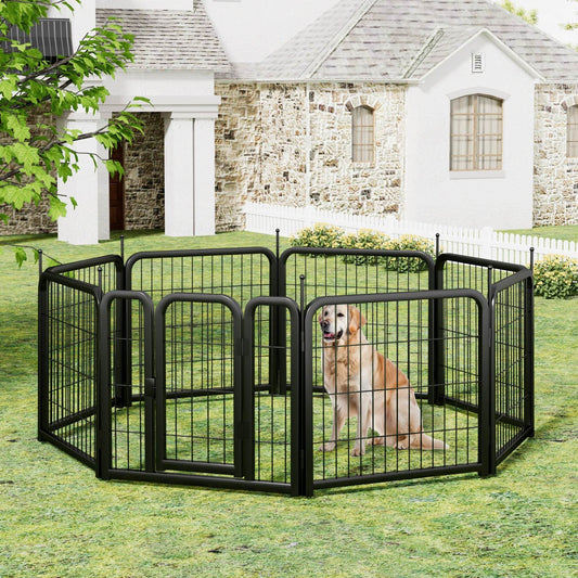 Black 8-panel portable outdoor dog fence, 31.5 inches high iron playpen for small pets.