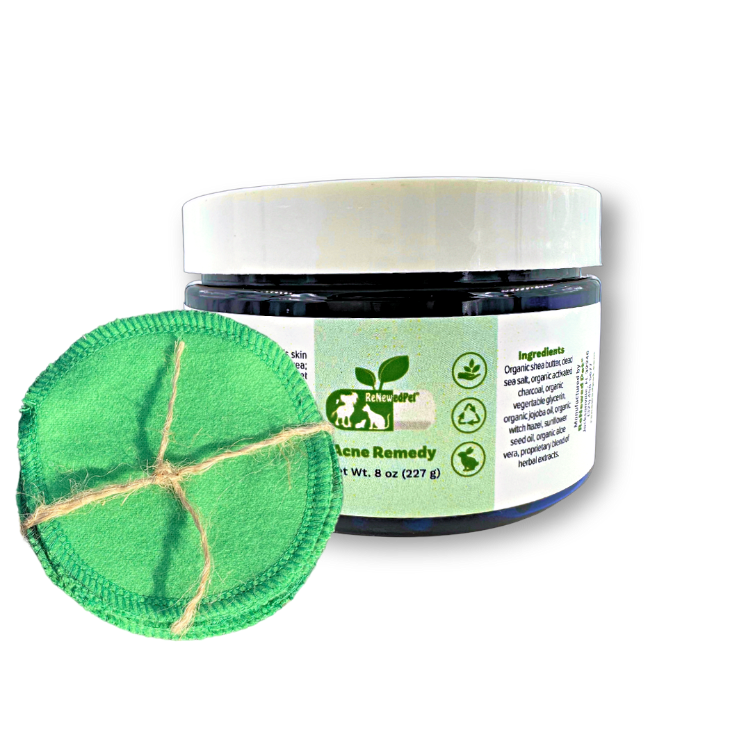 Natural pet acne remedy jar with reusable green cotton pads for treating pet acne and blackheads