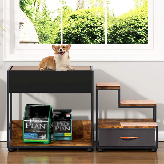 Black and vintage step window perch for dogs with multi-level platform and sponge cushioning