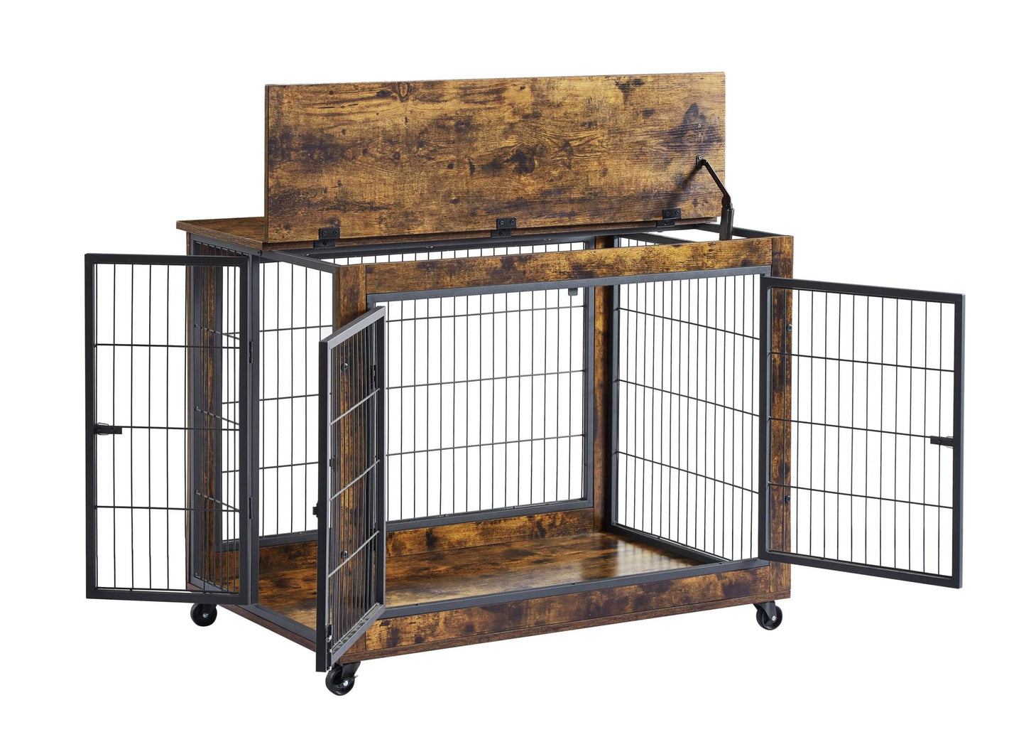 Rustic brown furniture dog cage crate with double doors and wheels for medium dogs