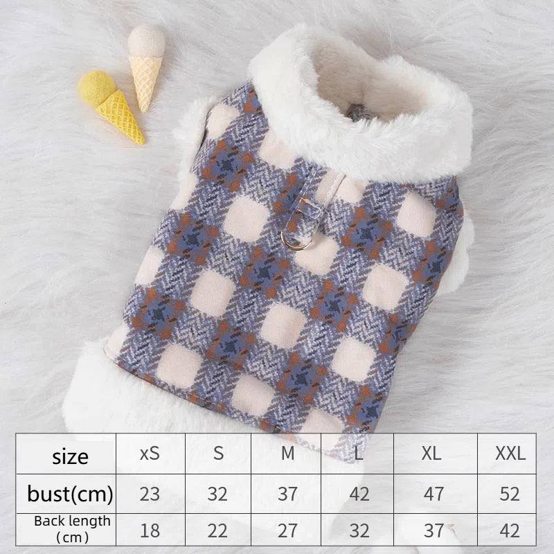 Small dog wearing warm pink plush teddy bear style velvet vest clothing