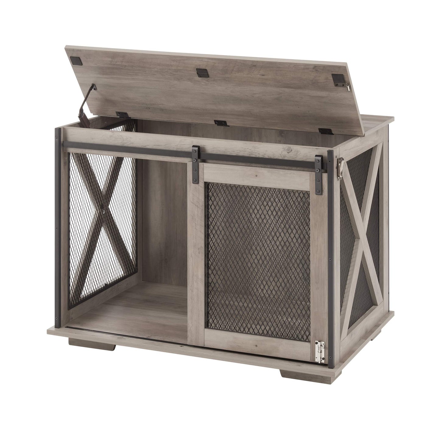 Gray wash farmhouse dog cage crate furniture with sliding barn door and flip-top plate dog house