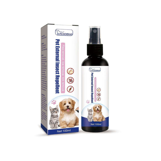 Bottle of pet flea spray for cats and dogs with natural ingredients against ticks and lice
