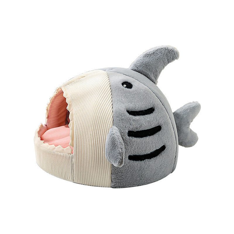 Big Mouth Shark Pet Nest semi-closed cat and dog bed in grey with soft fabric and cushioned interior
