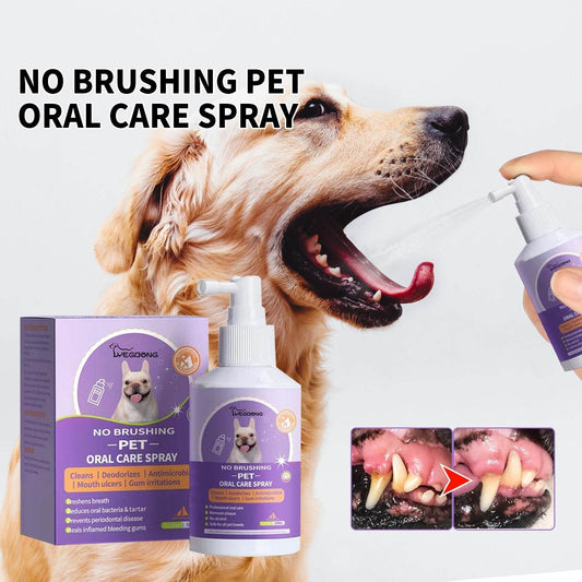 Dog and cat tooth cleaning spray for pet oral care and breath freshening with natural extracts