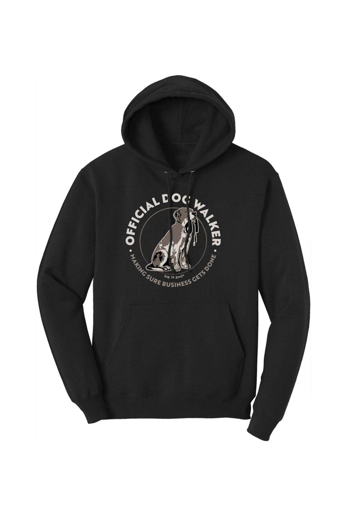 Black Official Dog Walker hoodie with bold text, unisex cotton-poly blend, casual streetwear