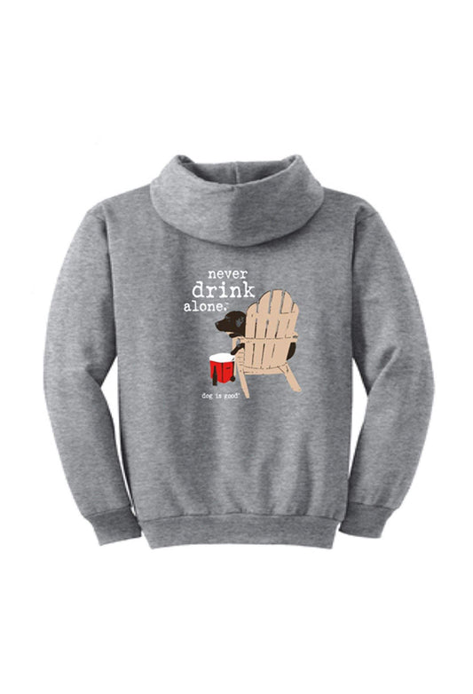 Gray with Never Drink Alone Hoodie text and dog sitting on chair design, unisex, soft cotton blend