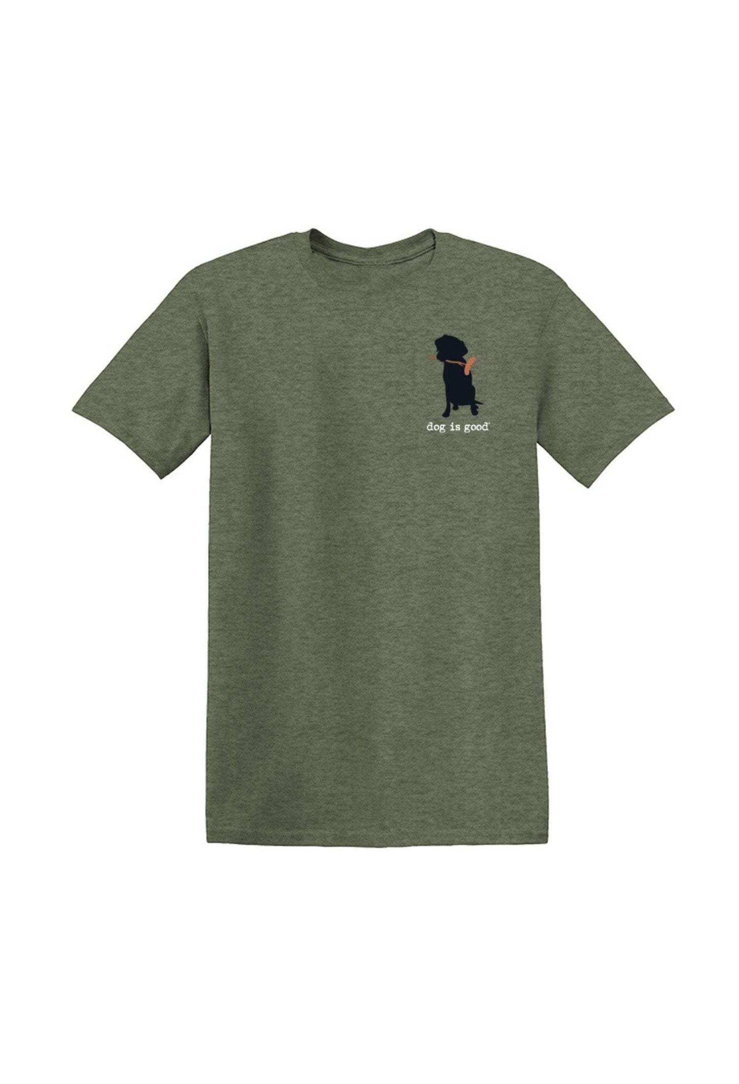 Military green Never Camp Alone t-shirt with dog graphic and cozy outdoor theme