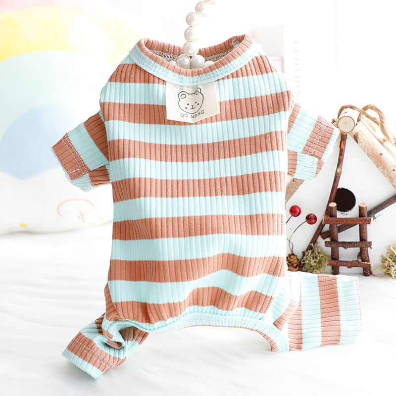 Small dog wearing thin cotton spring and summer striped home clothes shirt