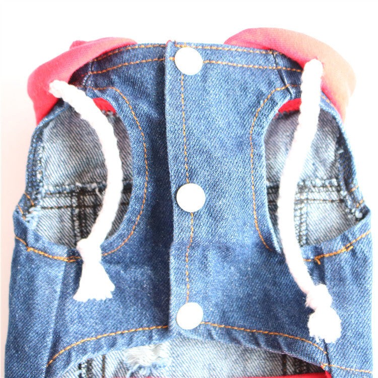 various pet clothes including cowboy style ripped denim vests and small casual vests in black and red hats available in sizes XS to XXL