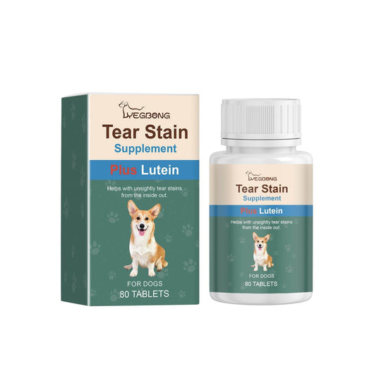 Tear-stained eye care tablets for dogs to gently clean and remove tear stains, featuring natural chicken and chlorella powders for bright eyes and improved immunity.