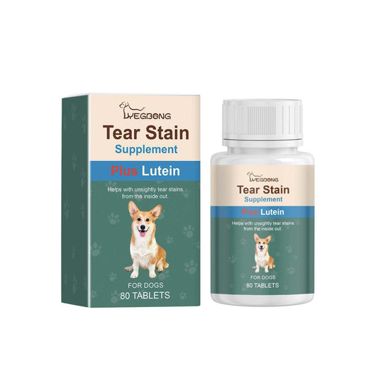 Tear-stained eye care tablets for dogs to gently clean and remove tear stains, featuring natural chicken and chlorella powders for bright eyes and improved immunity.