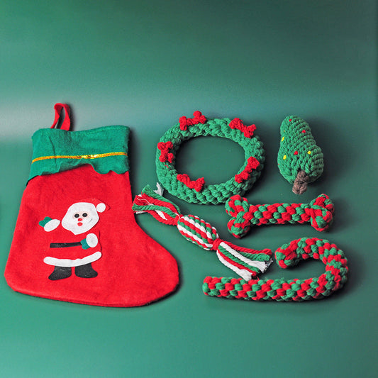Christmas pet toy gift set of bite-resistant cotton rope dog chew toys shaped like Christmas tree, candy knot, cane, and bone