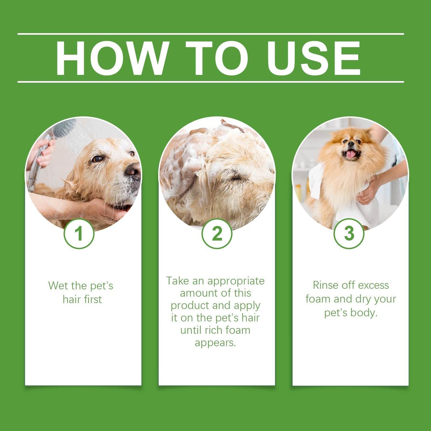 Pet Wash & Care 2-in-1 dog and cat body wash bottle with label and product ingredients description