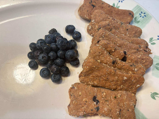 Organic Blueberry Dog Bones with fresh blueberries on a plate