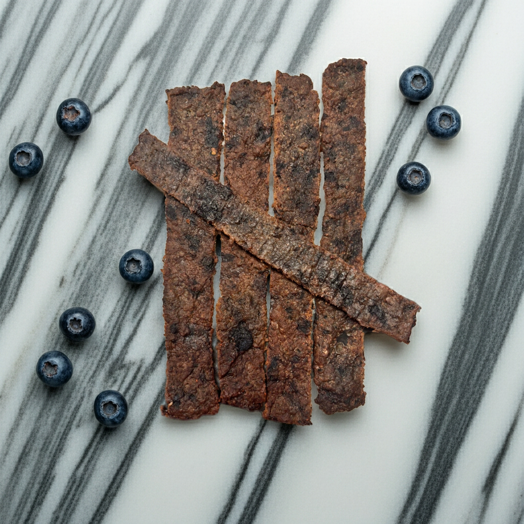 Organic blueberry dog bones treats with fresh blueberries on marble surface