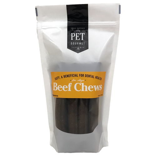 Pack of 6-inch beef chew packs for dogs promoting dental health in resealable bag