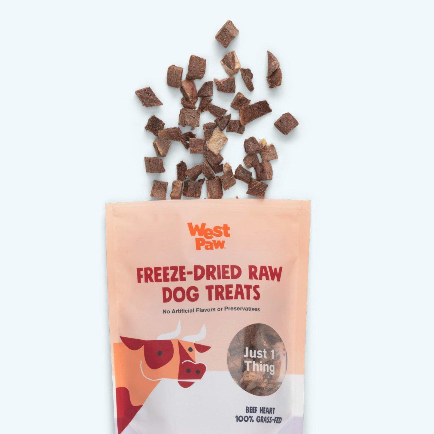 Freeze dried raw dog treats made from 100% natural beef heart in a resealable bag
