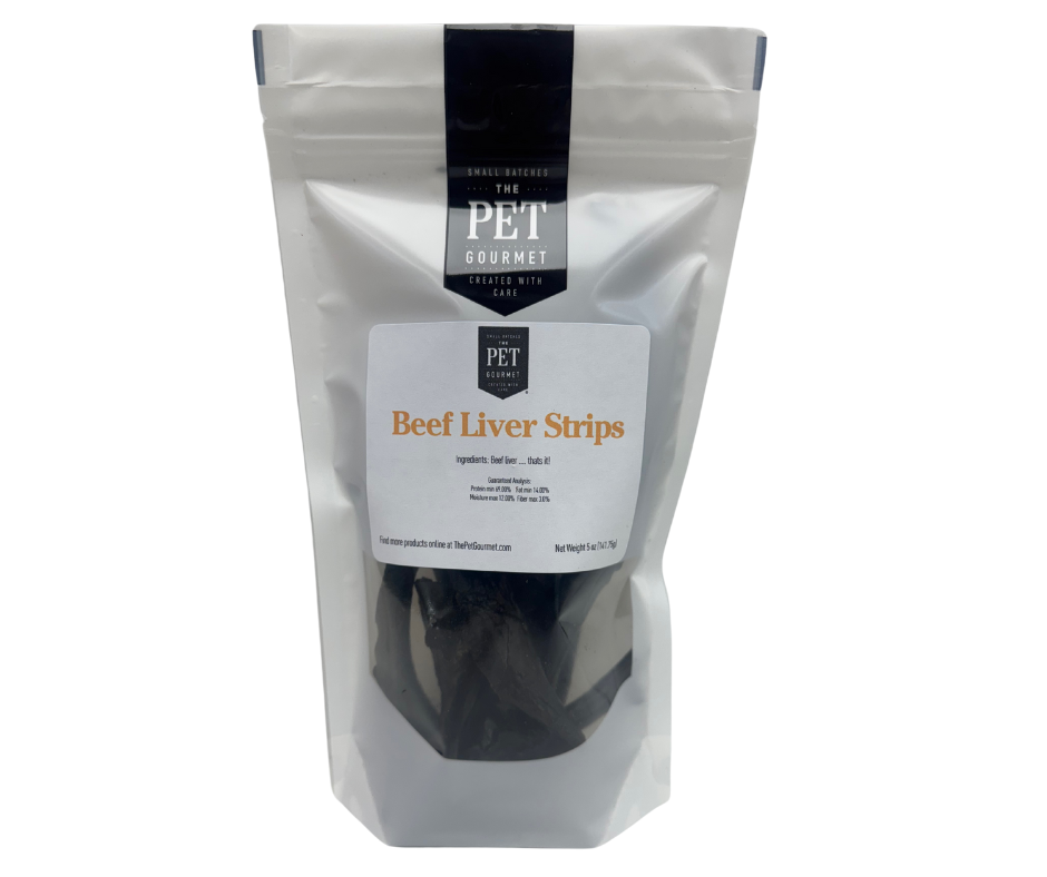 Beef liver jerky strips in resealable white bag for pets, crunchy and dry snack