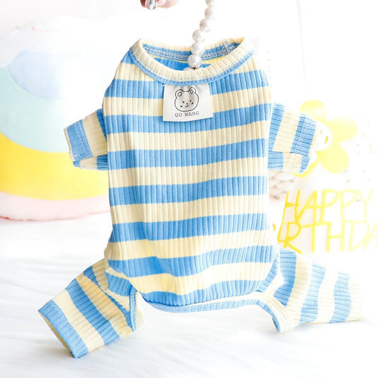 Small dog wearing thin cotton striped spring and summer clothes home shirt