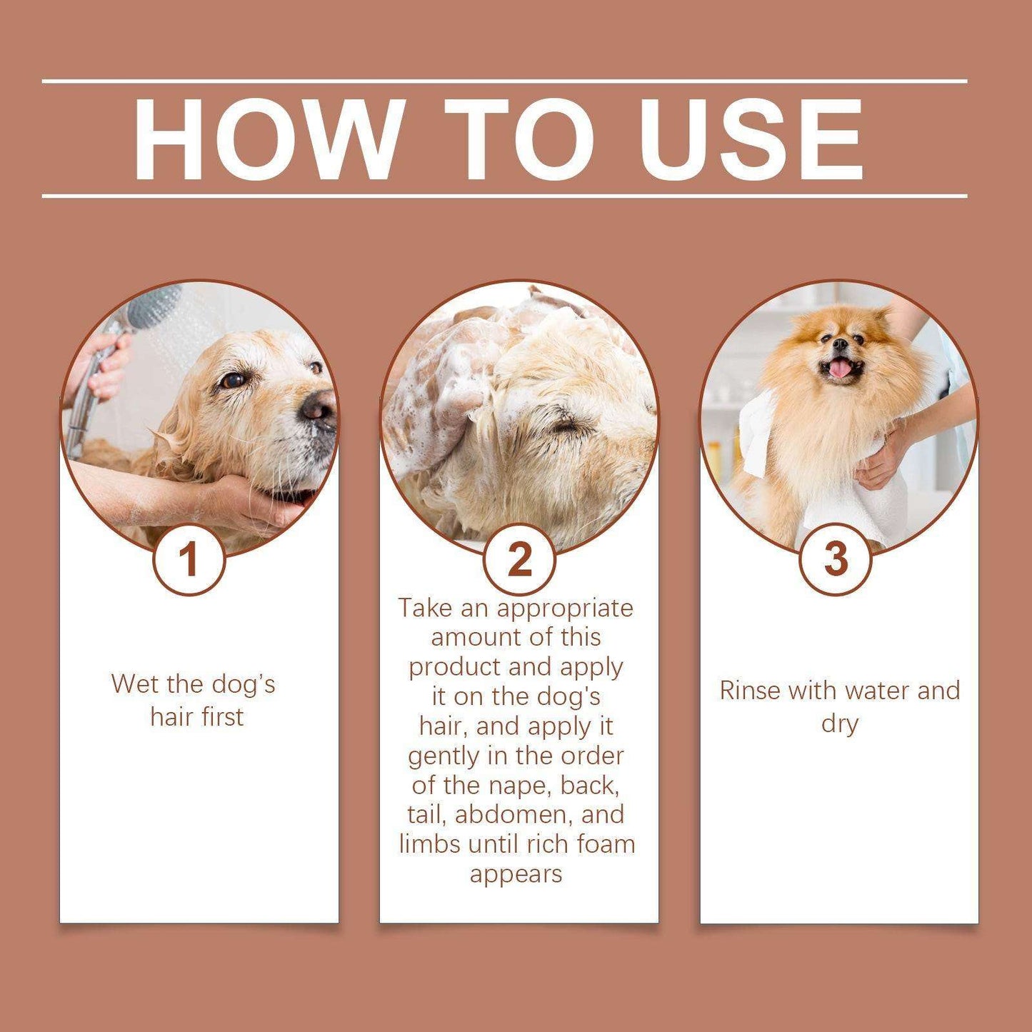 Instructions for using gentle cleansing shampoo for dogs with images of applying shampoo and rinsing